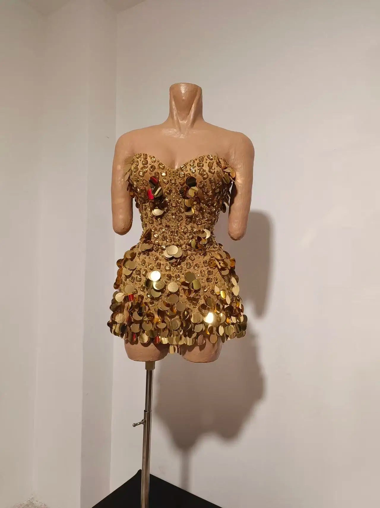 Sparkly Gold Rhinestone Sequins Sexy Strapless Mesh See Through Mini Dress Women Eveing Birthday Party Nightclub Stage Costume