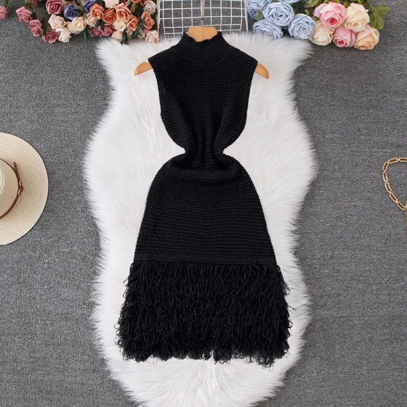 Women's Solid Color Sleeveless Round Neck Slim Fitting Fringe Fur Dress for Summer 2025