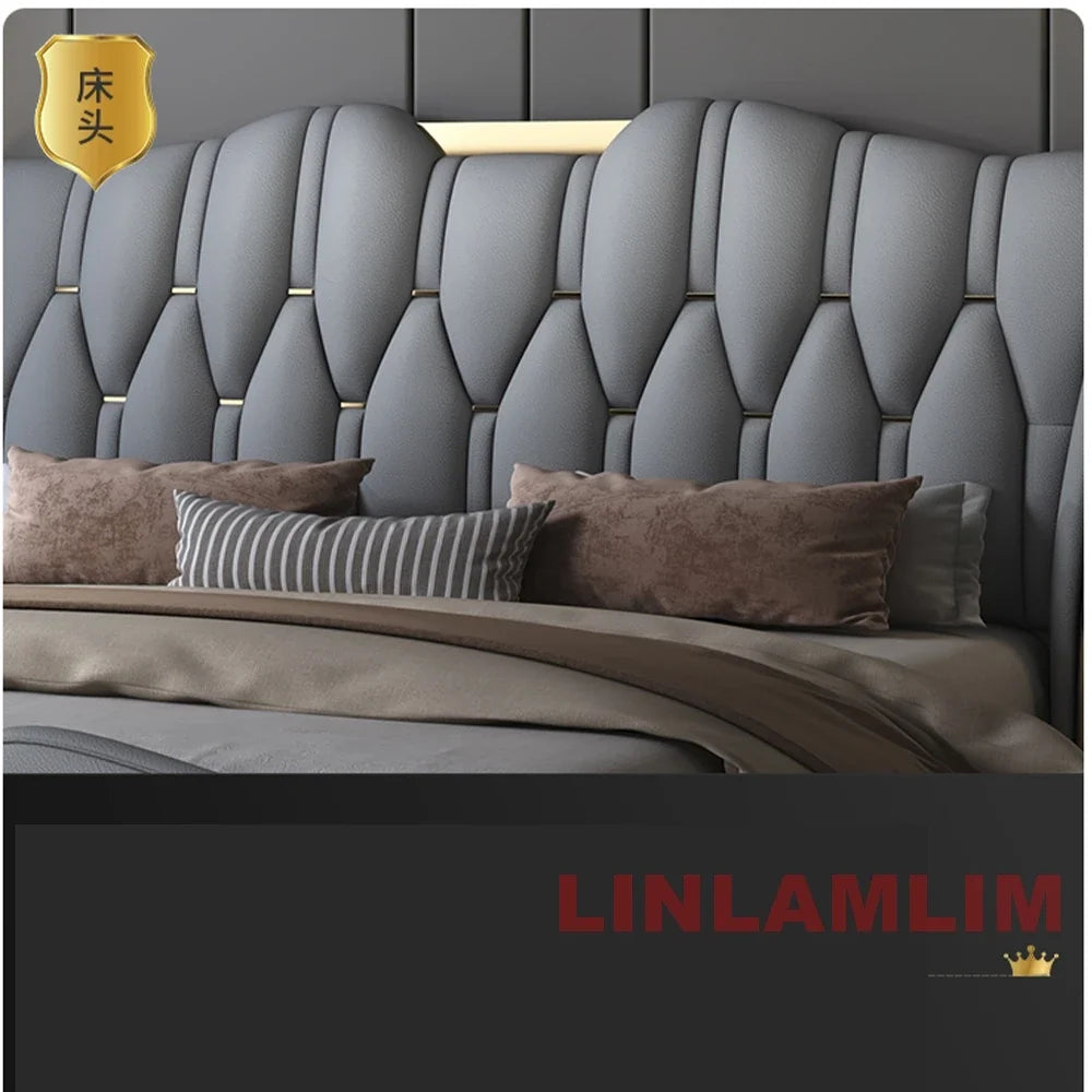 MINGDIBAO Luxuriöses, modernes Polsterbettgestell mit Goldakzenten, Designer-Bett aus echtem Leder, Schlafzimmermöbel in Queen-/King-Size