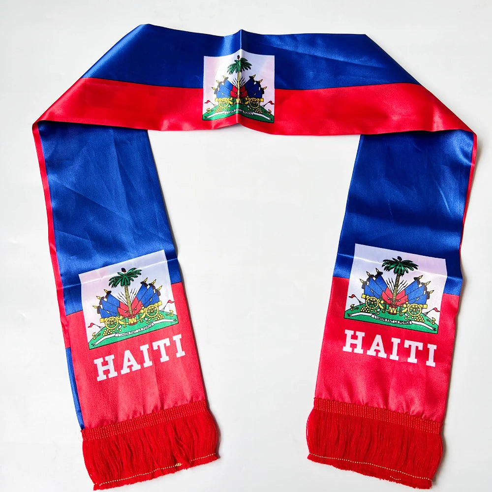2026 Haiti  NorwayCountries Flag Scarf14x135cm Double-sided Printed Satin Haiti Flag Scarf Tassels Suitable for Football, Sports