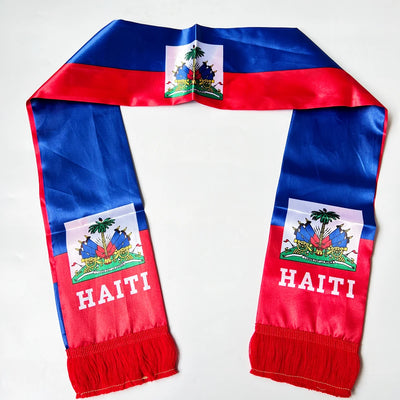 2026 Haiti  NorwayCountries Flag Scarf14x135cm Double-sided Printed Satin Haiti Flag Scarf Tassels Suitable for Football, Sports