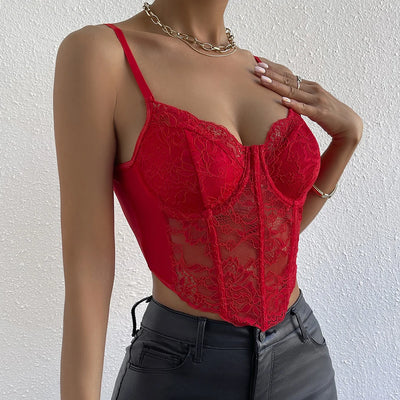 French Sexy Lace Underwire Rhomboid Fishbone Crop Top Backless Hottie Perspective Corset Red V-neck Elegant and Temperament Vest
