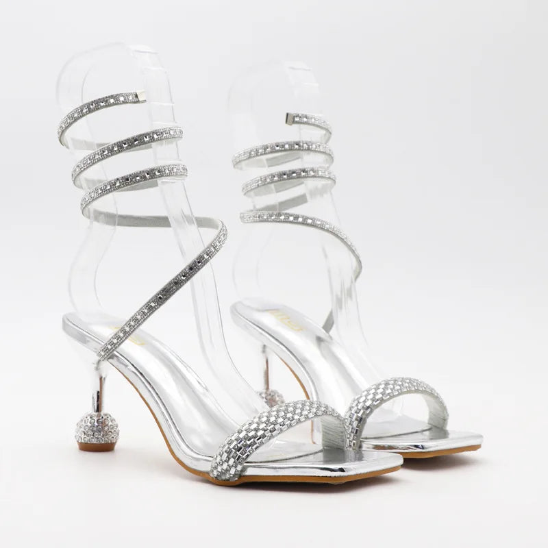 Luxus-Fashion-Sandalen 2024 Sommer Neue Strass Fee offene Zehen Ring-Fuß-Riemen Römersandalen mit hohem Absatz Damenschuhe Bankett