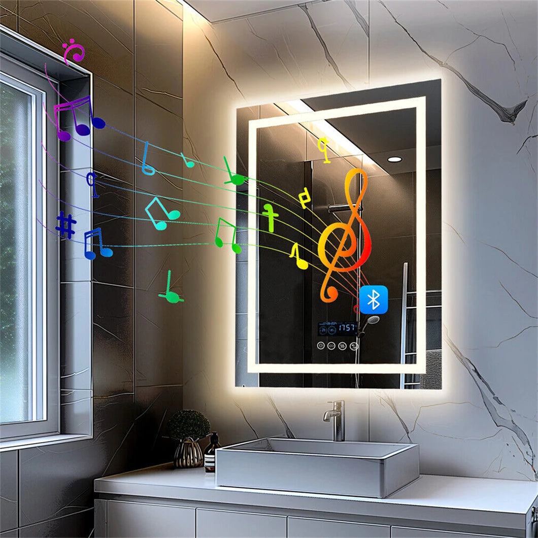 Intelligenter LED-Badezimmerspiegel, rechteckiger Wandspiegel mit Bluetooth-Lautsprecher, Uhrzeit, Temperatur, Lichtspeicher, Front- und Hintergrundbeleuchtung, Antibeschlag