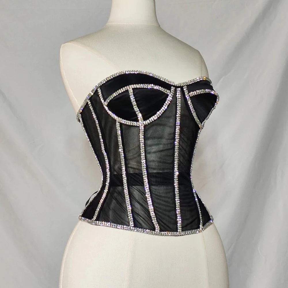 Women Abdomen Corset Crops with Bra Shiny Rhinestone Transparent Breathable Mesh Hand Made Bodices Push Up Bustiers Custom Made