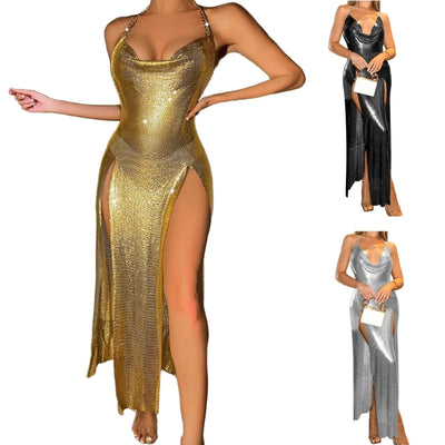 Glitzer Pailletten Neckholder Wasserfallausschnitt Rückenfreies Schlitz Abendkleid für Damen Glitzerndes Rave Nachtclub Bodycon Langes Kleid