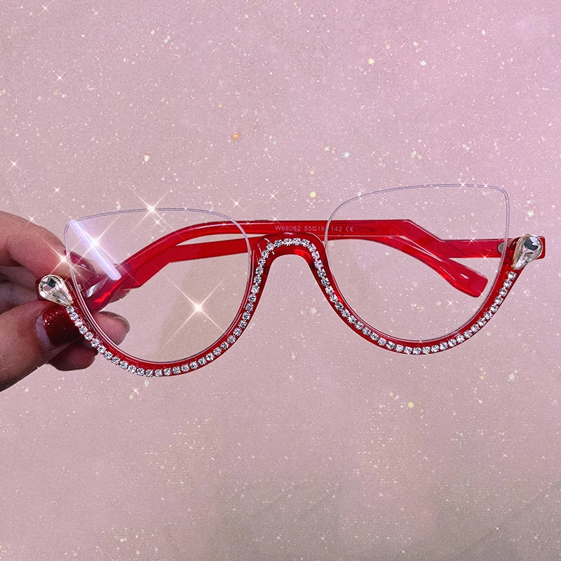 Vintage Half Frame Diamond Anti Blue Light Optical Glasses Frames Brand Designer Women Fashion Cat Eye Computer Eyeglasses