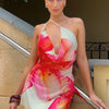TARUXY Asymmetrisches, sexy bedrucktes Kleid, drapiert, Schwingkragen, Strandurlaub, Minikleid, elegant, ärmellos, Damen, hohe Taille