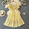 2024 Neues Sommer Blumenmuster Maxikleid Damen Vintage Eckiger Ausschnitt Geraffte Brust Schärpe Bandage Sommerkleid Partykleid