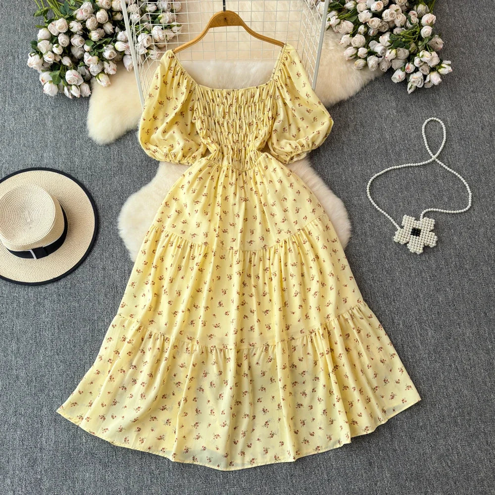 2024 Neues Sommer Blumenmuster Maxikleid Damen Vintage Eckiger Ausschnitt Geraffte Brust Schärpe Bandage Sommerkleid Partykleid
