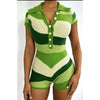 FAGADOER Fashion Knitting Color Stitching Bodycon Rompers Women V Neck Button Short Sleeve One Pieces Jumpsuits Female Overalls