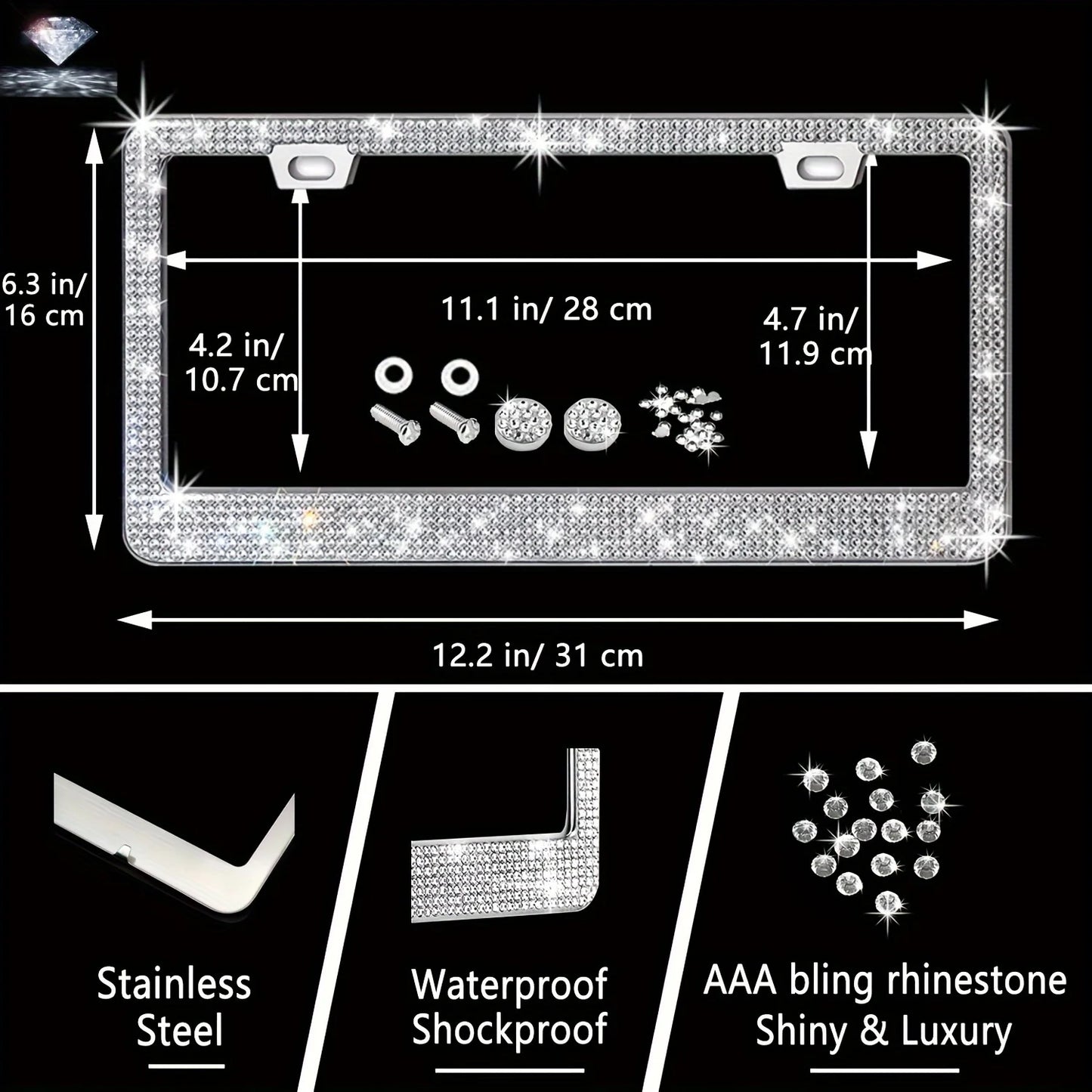 Autozubehör-Set 27/4-teilig Damen Bling Universal Passform Lenkradbezug Polyester Glitzernd Kennzeichenhalter Handyhalter Untersetzer Werkzeuge