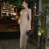Abendkleid Damen Elegant Pailletten Tiefer V-Ausschnitt Langarm Midikleid Sexy Luxuriös Rückenausschnitt Schnürung Knöchellang Bandage Partykleid