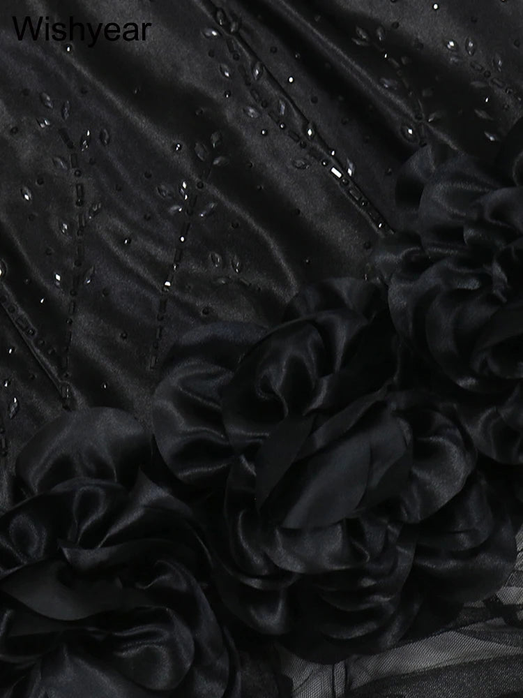 Neues schwarzes Mesh durchsichtiges Blumen-Rüschen-Luxus-Strass-Hochzeitsabend-Meerjungfrauen-langes Kleid Damen Träger Cocktail Geburtstagskleid