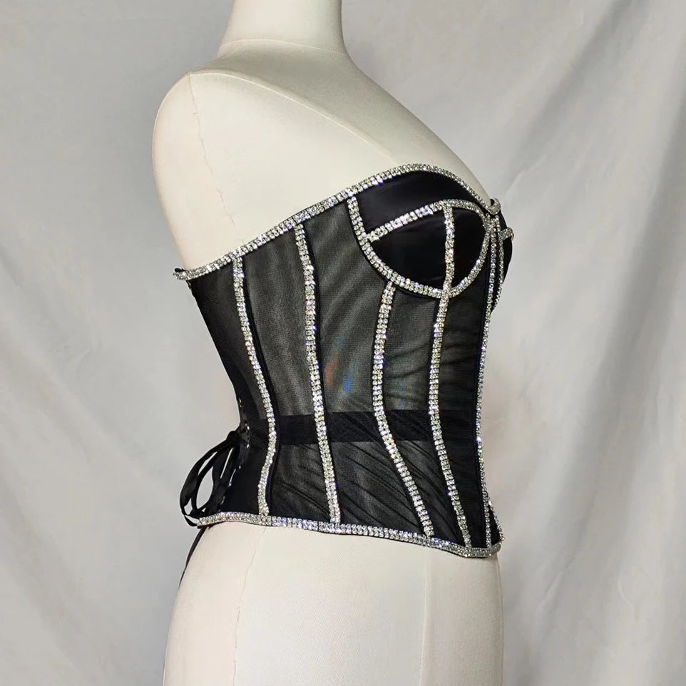 Women Abdomen Corset Crops with Bra Shiny Rhinestone Transparent Breathable Mesh Hand Made Bodices Push Up Bustiers Custom Made
