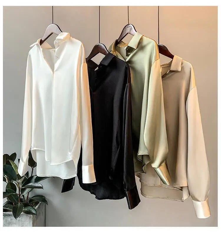 1pcs Woman Spring Autumn Satin Shirt Lady Long Sleeve Lapel Blouses Cardigans Elegance Sweet Casual Coats Girl Sunscreen Top