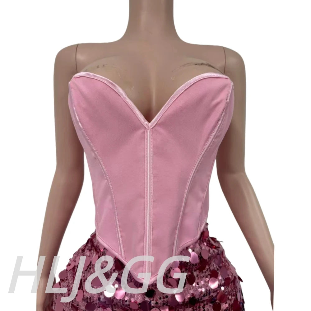 HLJ&GG Sexy Off Shoulder Corset Vest Two Piece Sets Women Sleeveless Backless Bandage Irregular Top + Sequin Mini Skirts Outfits