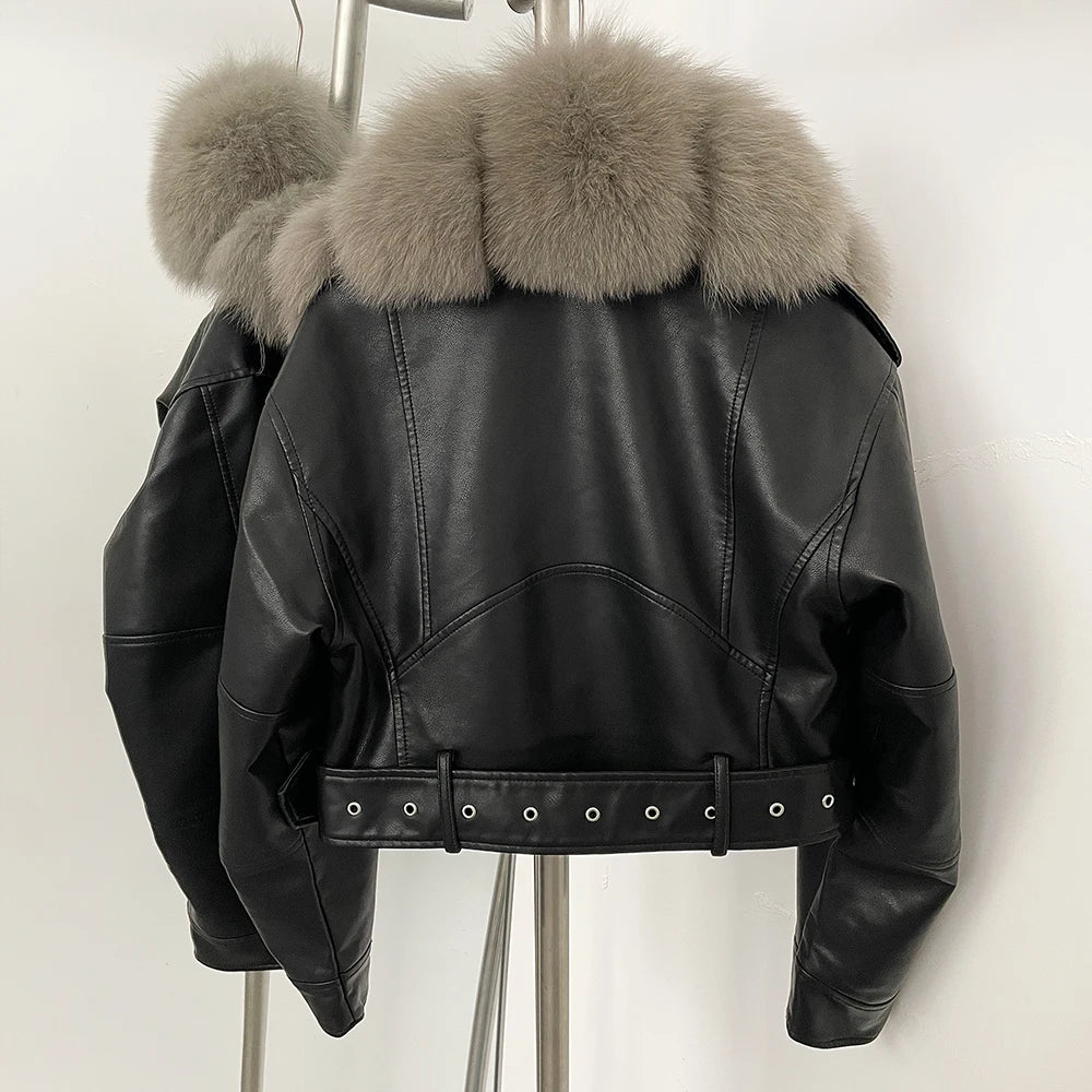 OFTBUY Natural Fox Fur Faux Leather Jacket Female New Autumn Short Top Clothing Women Long Sleeve Fake Leather Real Fur Coat