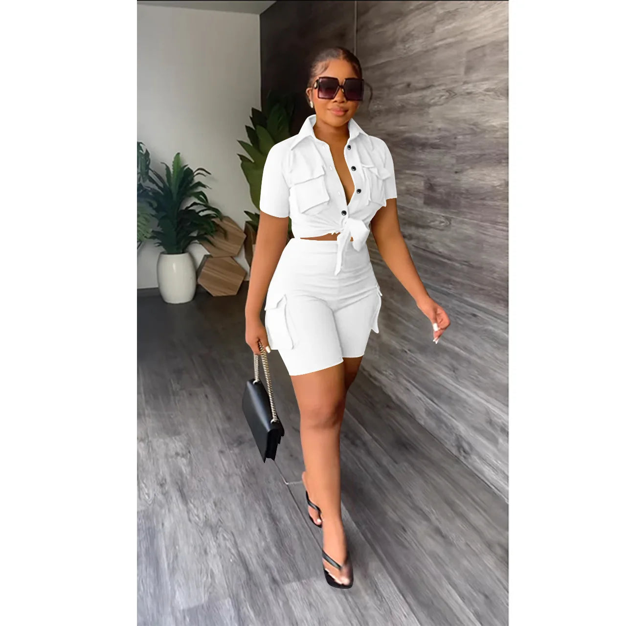 CM.YAYA INS Women's Set Short Sleeve Pocket Front Shirt and Pocket Side Shorts Suit 2023 Cargo Two 2 Piece Set Outfit Tracksuits