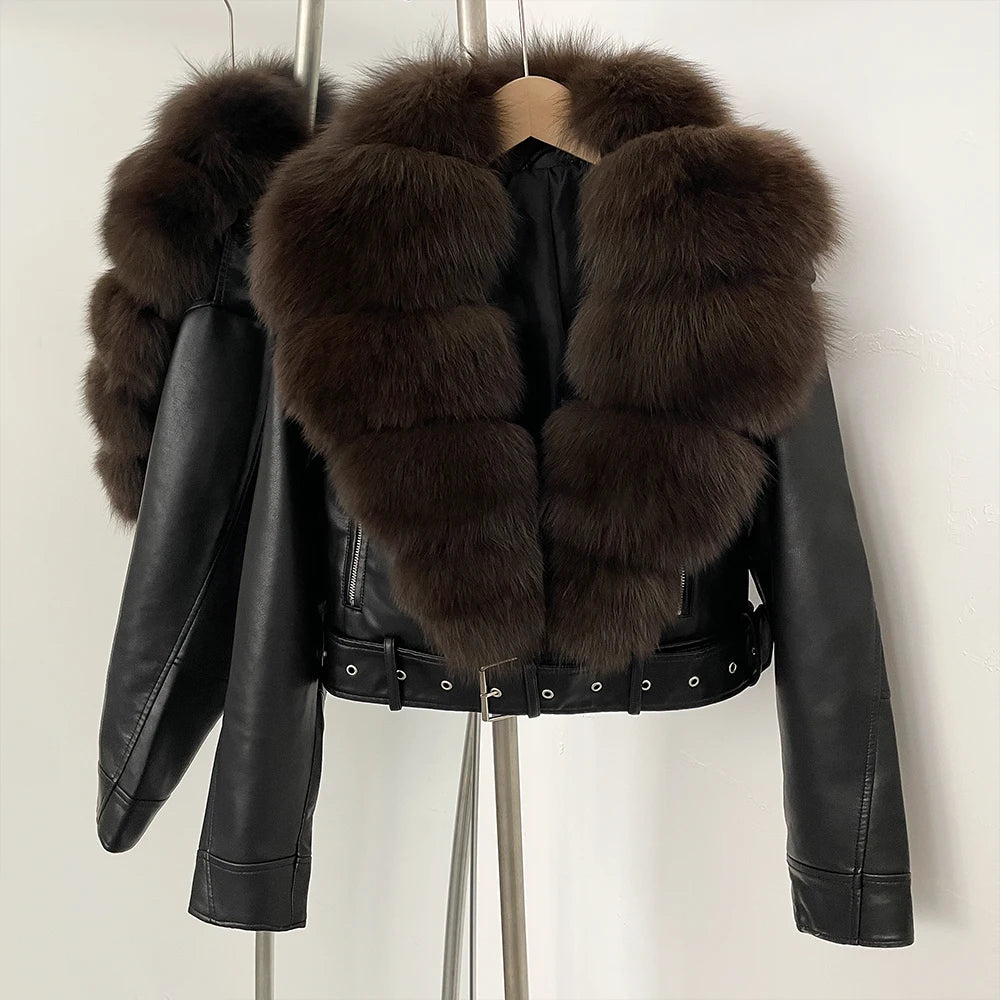 OFTBUY Natural Fox Fur Faux Leather Jacket Female New Autumn Short Top Clothing Women Long Sleeve Fake Leather Real Fur Coat