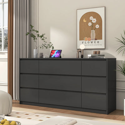 Kommode mit 9 Schubladen für das Schlafzimmer mit Ladestation, 160 cm moderne große Holzkommode grifflos, Schwarz/Weiß