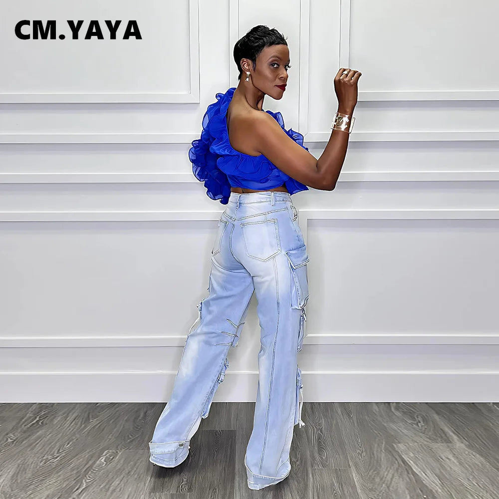 CM.YAYA Damen Rüschen Einärmel Schräger Kragen Tunika Bluse und Hemd Tops 2024 Sommer Streetwear Nachtclub Party Strand Tops