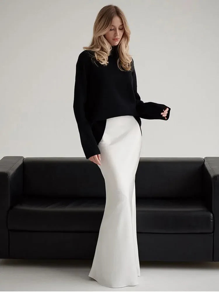 Wolfeel Freizeit Satin Damenrock Frühling Sommer Mode Locker Hoher Bund Maxi Röcke Elegant Einfacher Satin-Fischschwanzrock