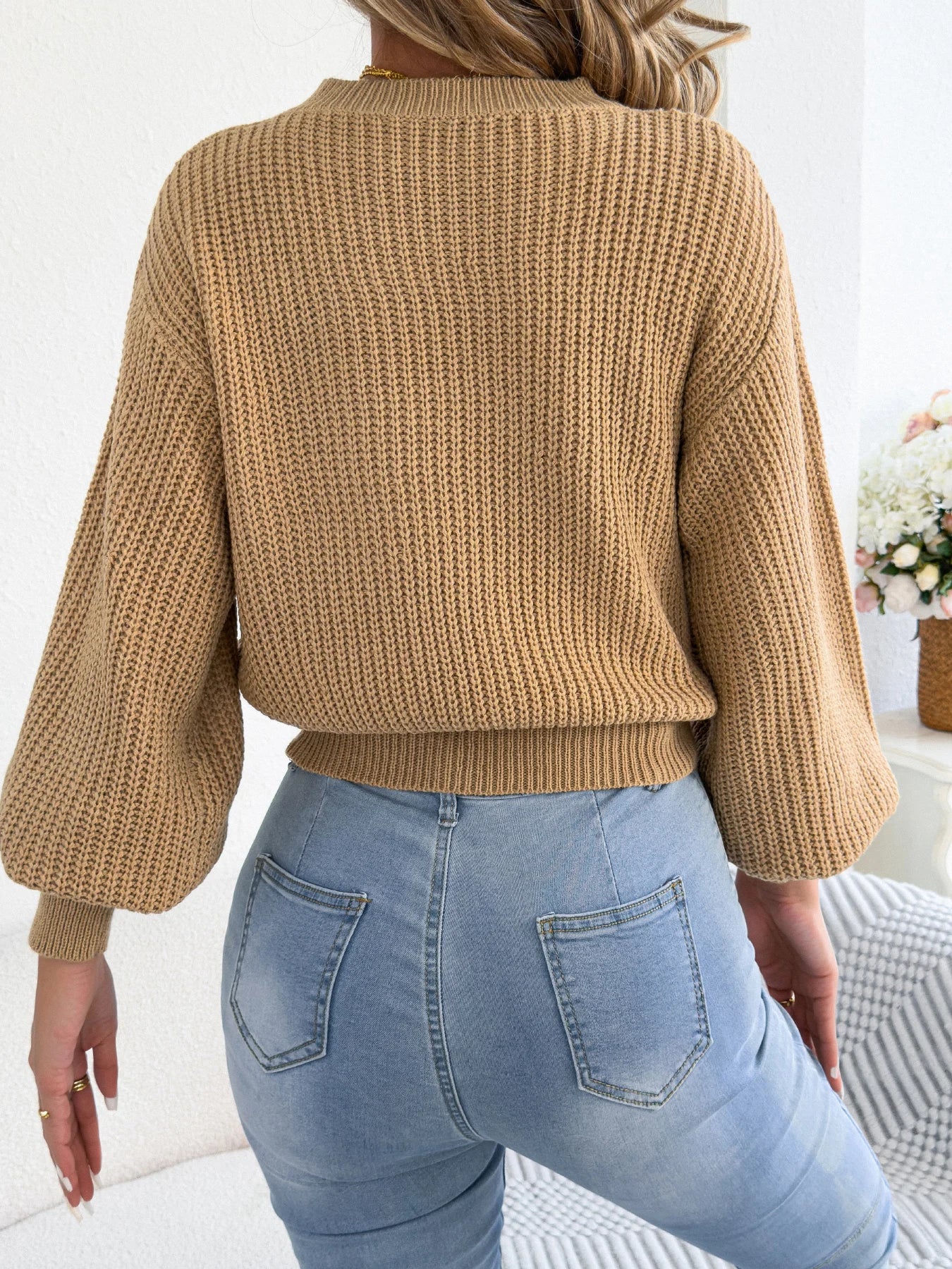 Women's Solid Color Round Neck Lantern Long Sleeve Knitted Sweaters for 2026 Autumn Winter Woman Clothes Yellow Red Khaki Tops