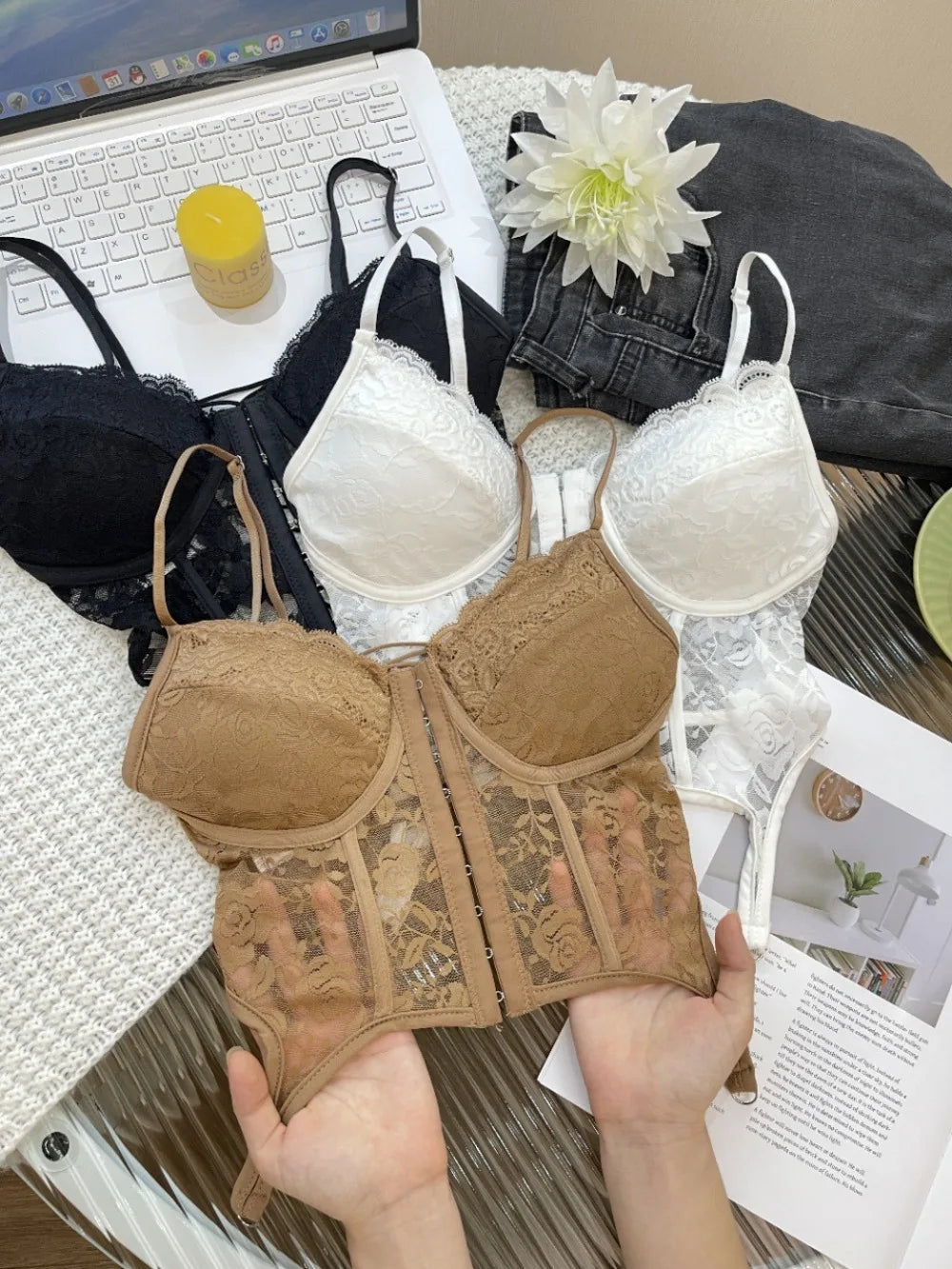 V-Neck Sexy Lace Corset Top Slim Fit Push Up Hollow Suspender Vest Adjustable Straps Off Shoulder Breathable Mesh Vest Travel