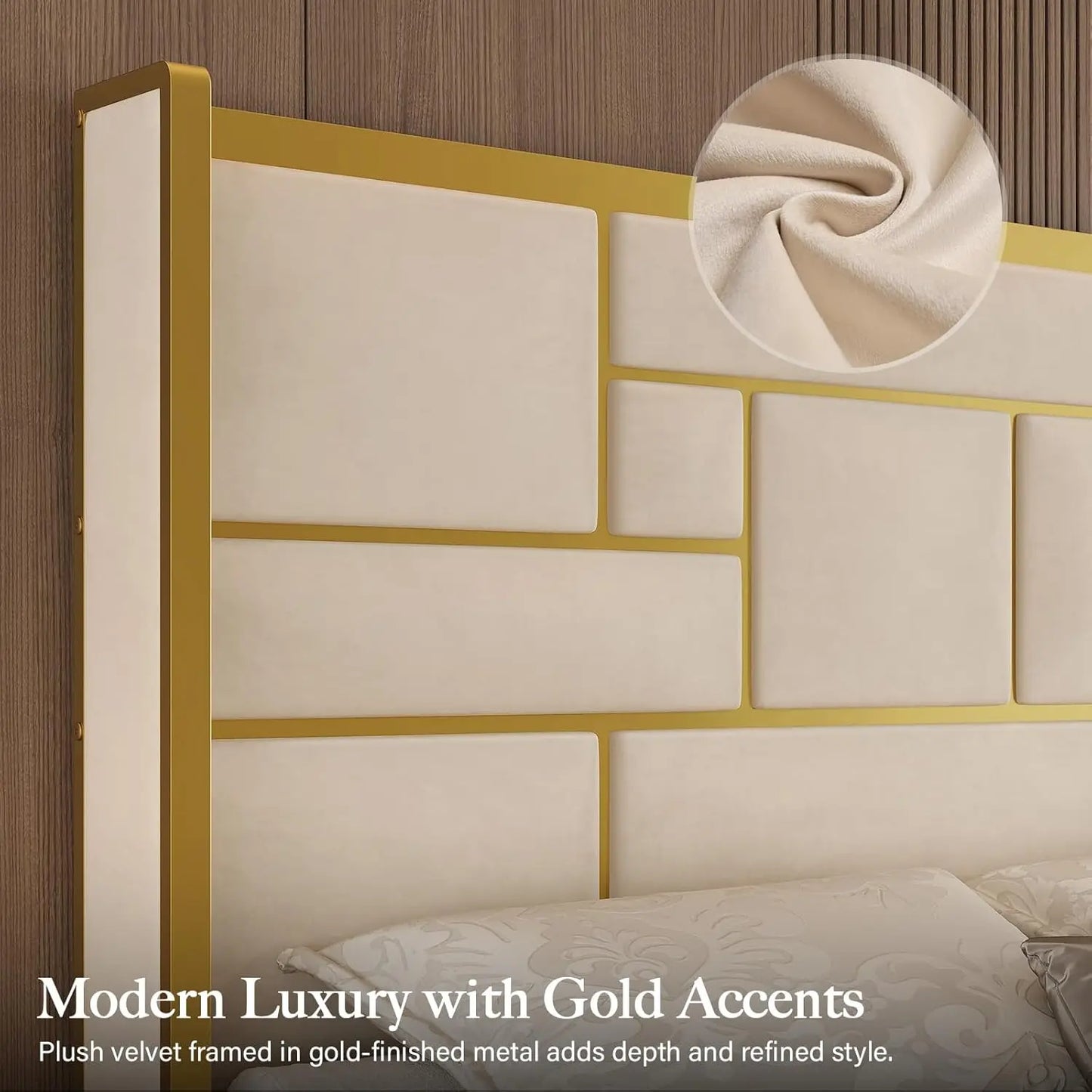 King Size Bed Frame with 55.12" Tall Headboard, Modern Luxury Velvet Upholstered Platform Bed with Gold Trim, Wide, Custom