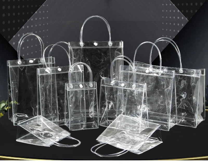 10/20pcs/lot Transparent Soft PVC Gift Tote Packaging Bags with Hand Loop Clear Plastic Handbag Cosmetic Bag