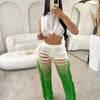 Gradient Color Crochet Two Piece Set for Women Summer Beach Crop Top and Wide Leg Pants Tassel Hollow Out Hole Vacation Outfits