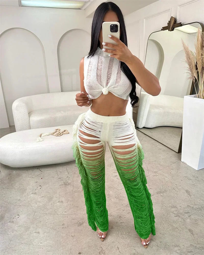 Gradient Color Crochet Two Piece Set for Women Summer Beach Crop Top and Wide Leg Pants Tassel Hollow Out Hole Vacation Outfits