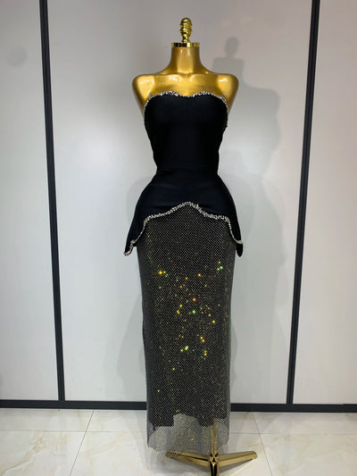 Hochwertiges schwarzes Design ärmelloses Strass-Top + Hot Diamond Rock Anzug Abendpartykleid Nachtclub Luxus Geburtstagskleid