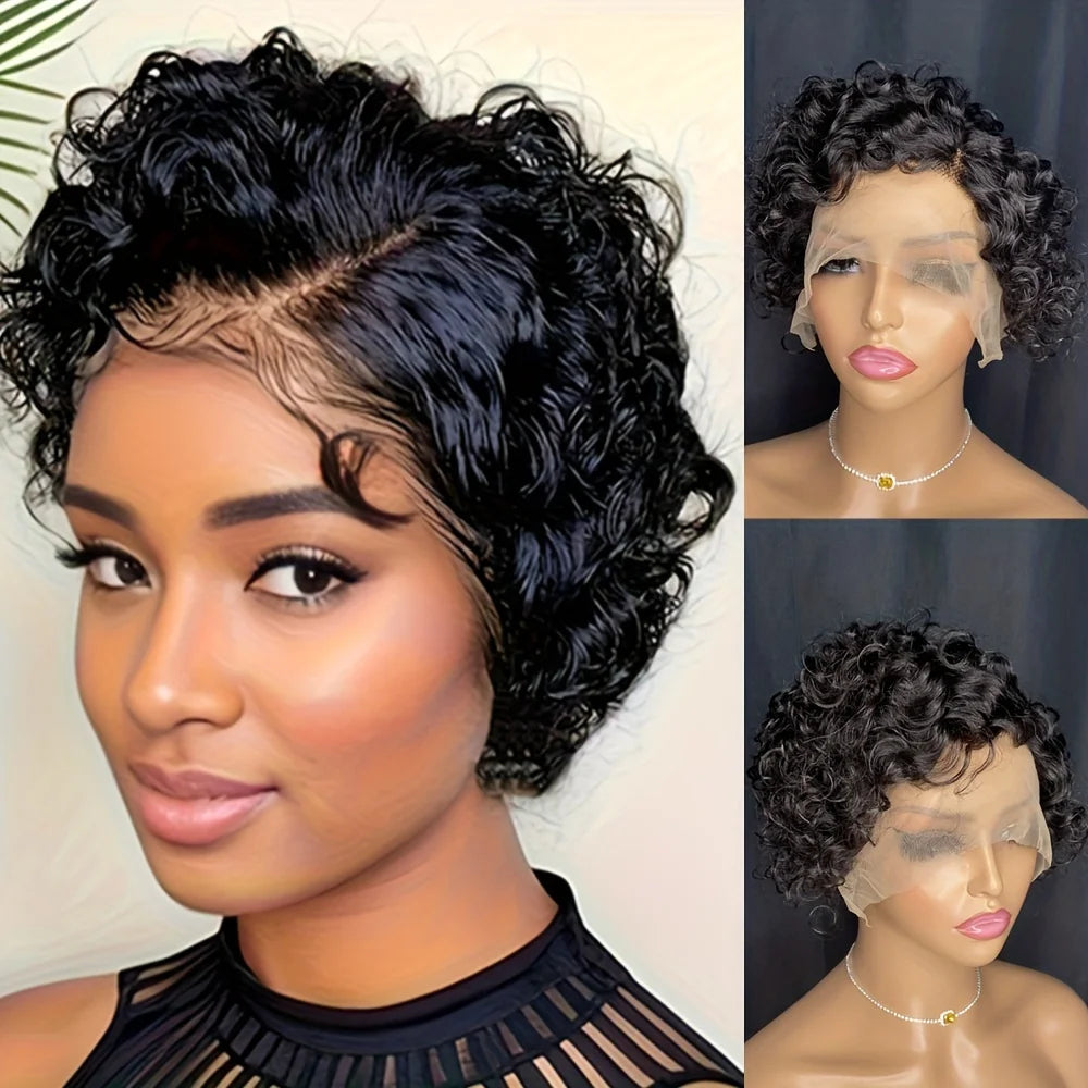 kurze lockige 13×1 T-Part transparente Spitze 6 Zoll Naturhaar Echthaar-Perücken für Frauen 150% Dichte Pixie Cut Perücke
