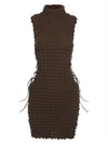 Kliou Stunning Stacked Mini Dress Women Sexy Solid Mock Neck Sleeveless Draw String Bodycon Party Clubwear Elegant Female Skirt
