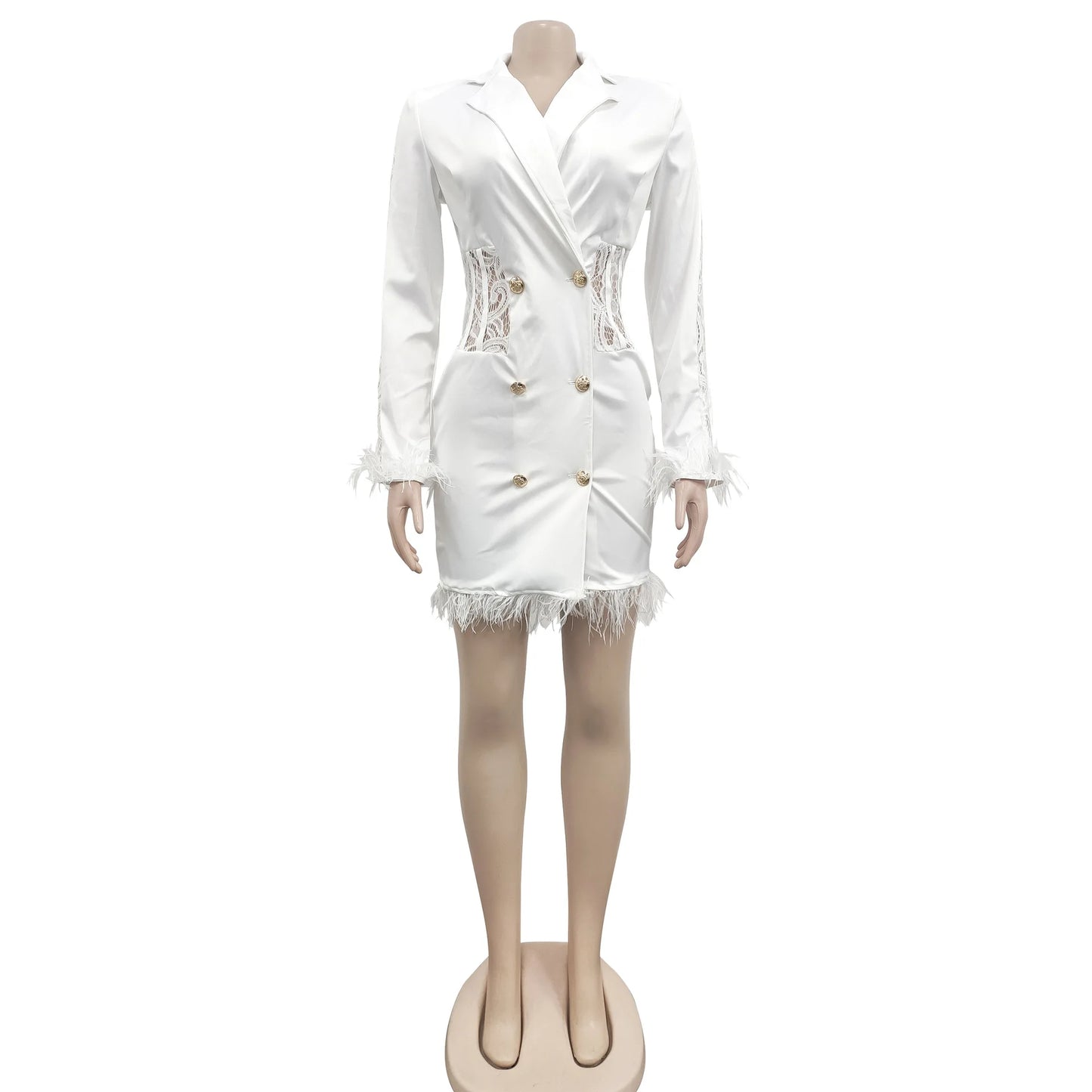 FANAN Elegant Women Double Breasted Tassel Hem and Long Sleeve Notched Collar Lace Waist Patchwork Blazer Dress Vestidos 2022