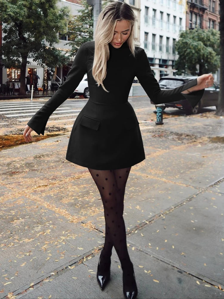Dulzura Langarm Reißverschluss Bodycon Minikleid mit Taschen Einfarbig Elegantes Outfit Büro Streetwear Damen Herbst Winter Kleidung