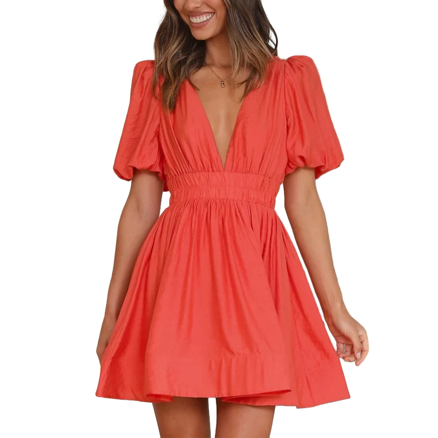 Women Summer Casual A-line Dress Solid Color Deep V-Neck Short Puff Sleeve Mini Dress Fashion Party Short Dress