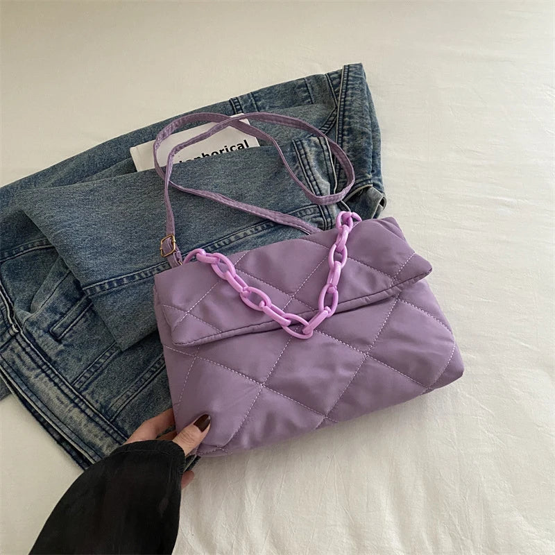 Acryl-Ketten-Umhängetaschen, quadratisch, lässig, Klappe, Damen-Pendeltaschen, gesteppt, All-Match, Winter, große Kapazität für Mädchen zum Einkaufen