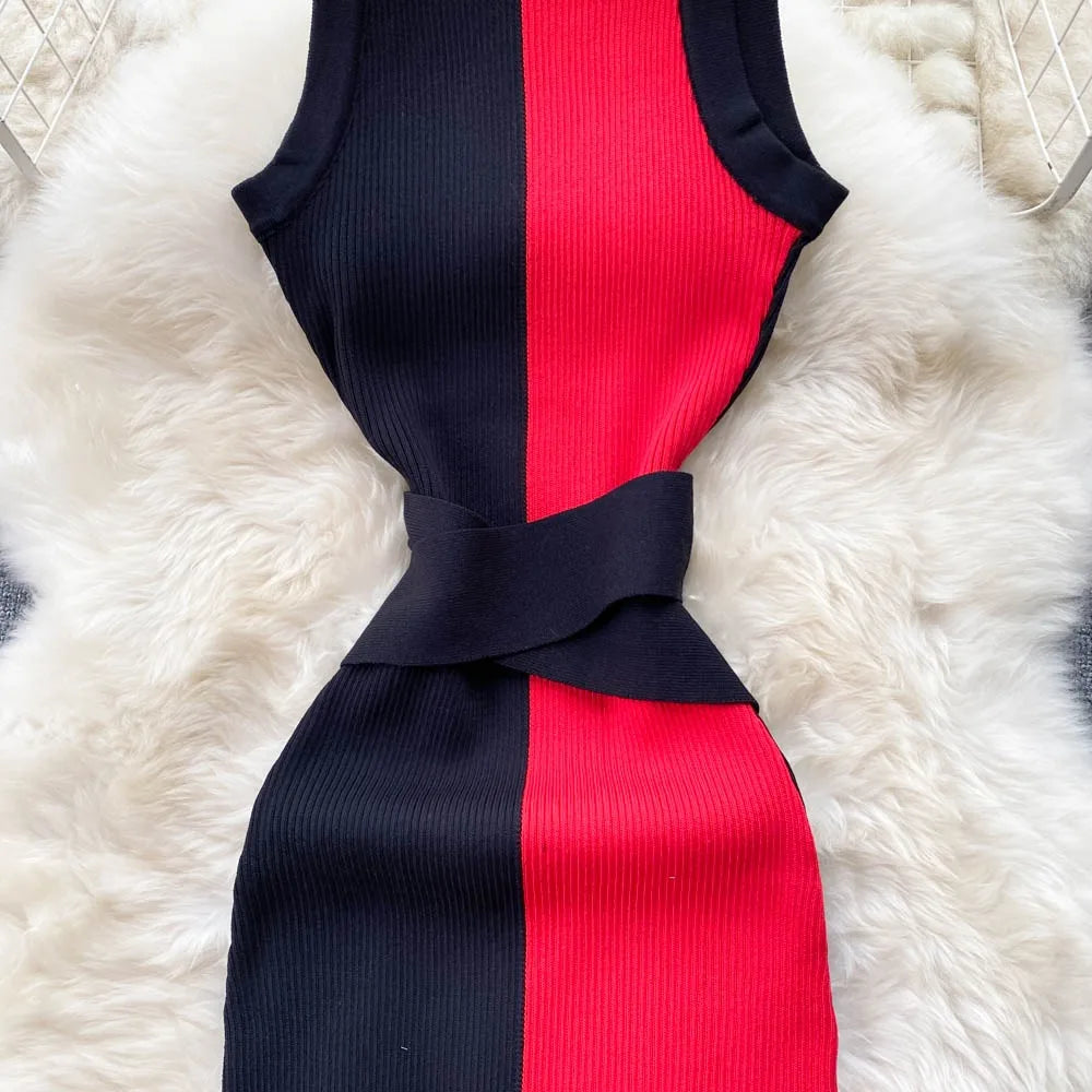 YuooMuoo Women Dress 2025 Summer Elegant Rib Knit Slim Waist Bandage Pencil Dress Office Lady Sleeveless Bodycon Sweater Dress