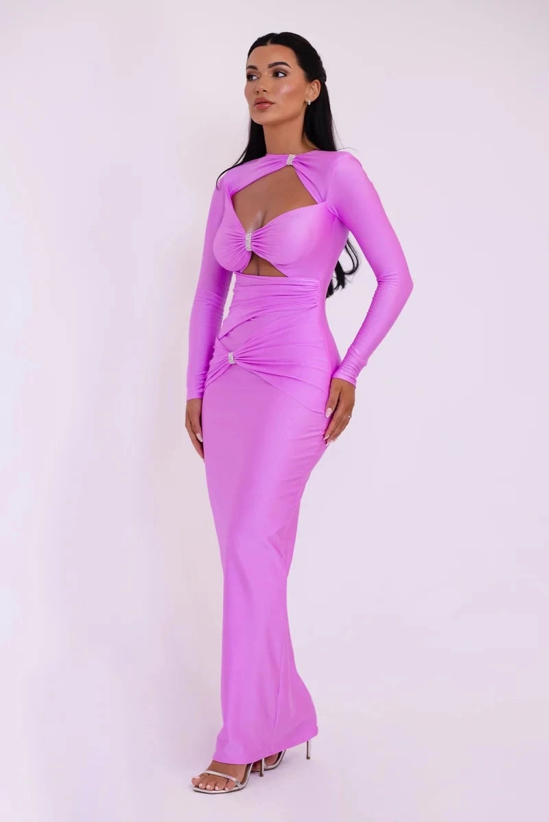 Articat Sexy Hohl Saum Langarm Elastisches Enges Kleid Damen Falten Doppellagig Weibliche Vestidos Elegantes Party Abendkleid