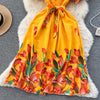 YuooMuoo Fashion Sommer Blumenmuster Langes Kleid Damen Vintage Eckiger Ausschnitt Geraffte Brust Schärpe Bandage Sundress Party Kleider