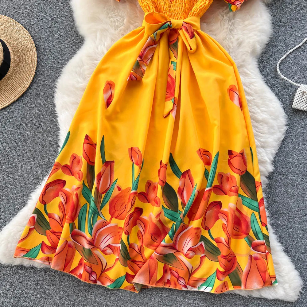 YuooMuoo Fashion Sommer Blumenmuster Langes Kleid Damen Vintage Eckiger Ausschnitt Geraffte Brust Schärpe Bandage Sundress Party Kleider