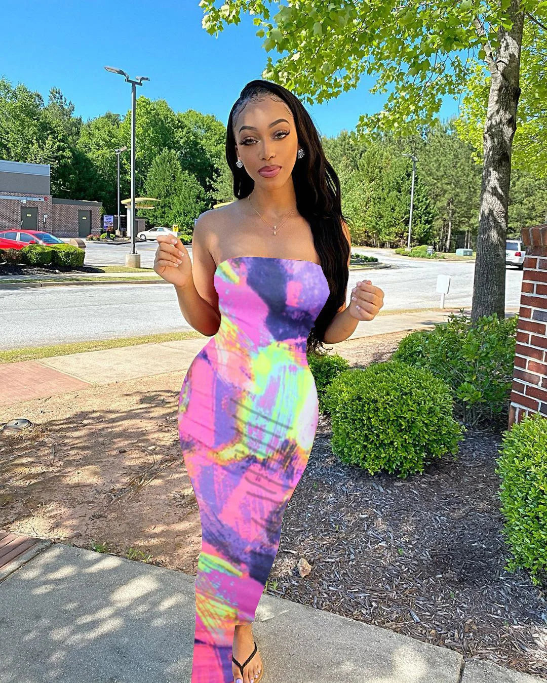 Spring/Summer Women's Colorful Tie Dye Print Off Shoulder Wrapped Chest Dress