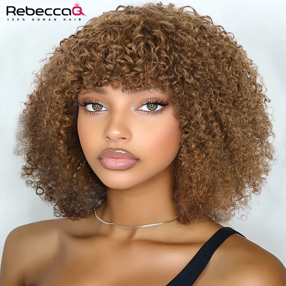 250D Braun Afro Kinky Curly Echthaarperücken mit Pony Zum Tragen Glueless Perücke Remy Brasilianische Kurze Lockige Echthaarperücke