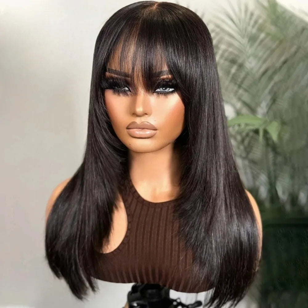 Light Brown Short Bob Layered Lace Front Wig With Bangs Straight Lace Frontal Wig 13x4 Glueless Synthetic Heat Resistant Cosplay