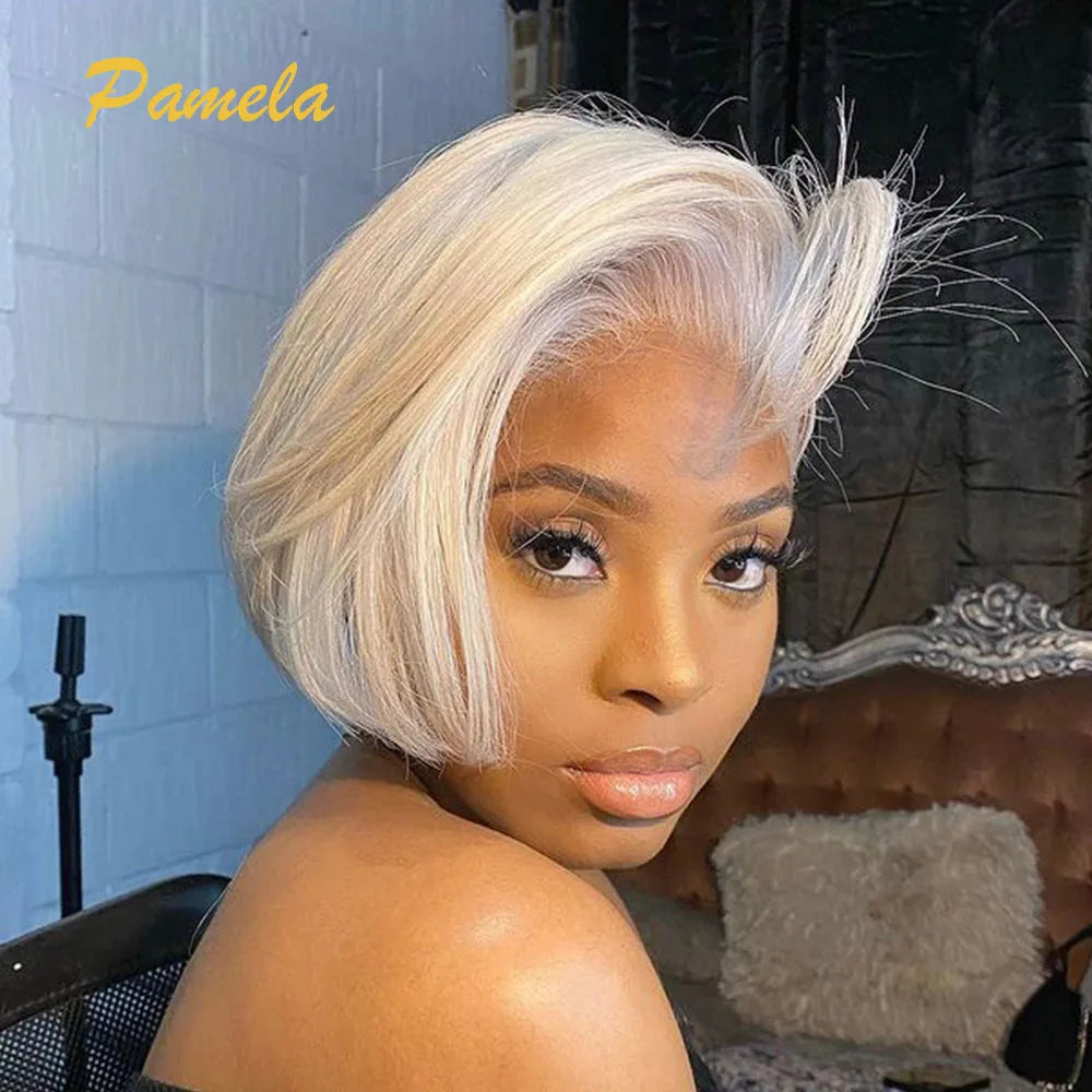 Pixie-Cut-Perücke Brasilianisch 613 Blond Glatt Seitenscheitelperücke 13x4 Kurzer Bob HD Transparente Lace-Front Echthaarperücke für Frauen