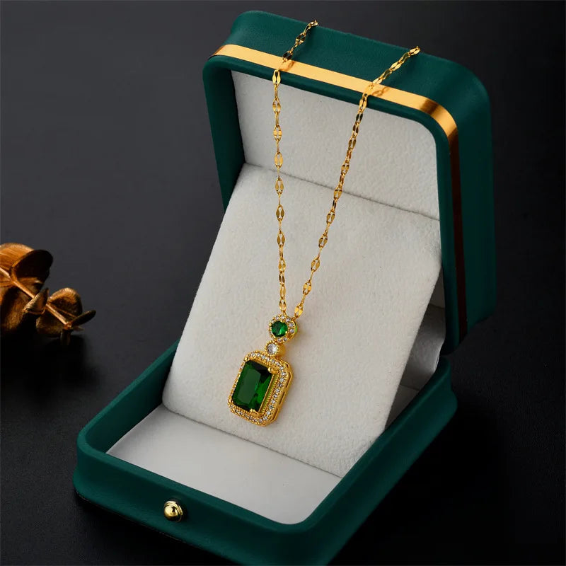 DIEYURO 316L Stainless Steel Square Green Red Zircon Pendant Necklace For Women Classic Luxury Girls Jewelry Chain Birthday Gift