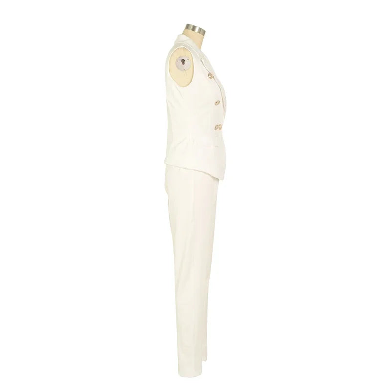 Business OL Work Wear Two Piece Pant Suits for Women Set Elegant Sleeveless Blazer Top + Pencil Pants Office Lady Matching Sets